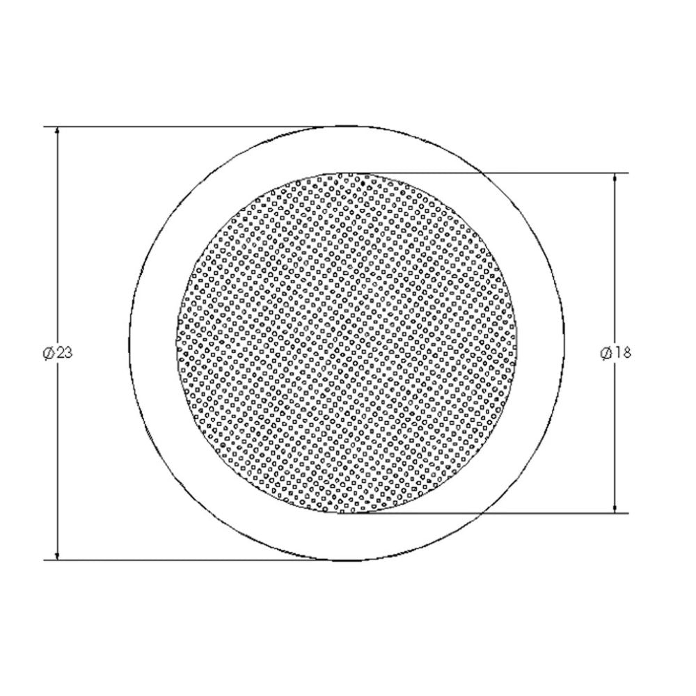Technical drawing of a round metal mesh filter with dimensions