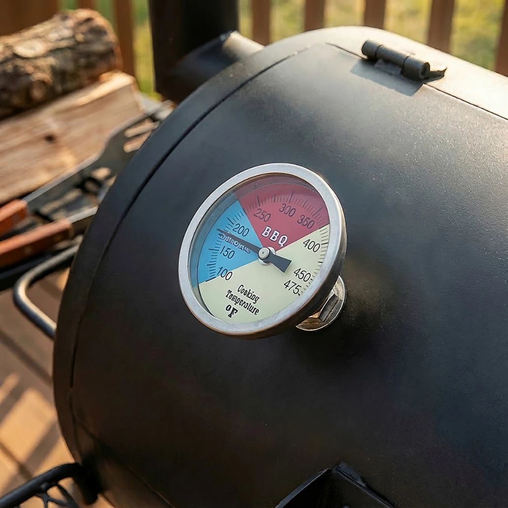 Barbecue grill with a temperature gauge on a wooden surface