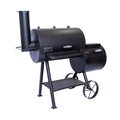 Black barrel-style barbecue smoker on wheels with a white background