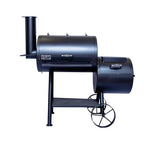 Black barrel-style barbecue smoker on a white background