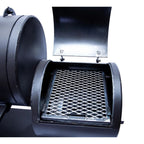 Black barbecue grill with open lid on a white background