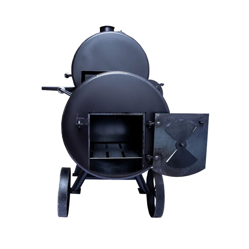 Black metal barbecue grill with open lid on a white background