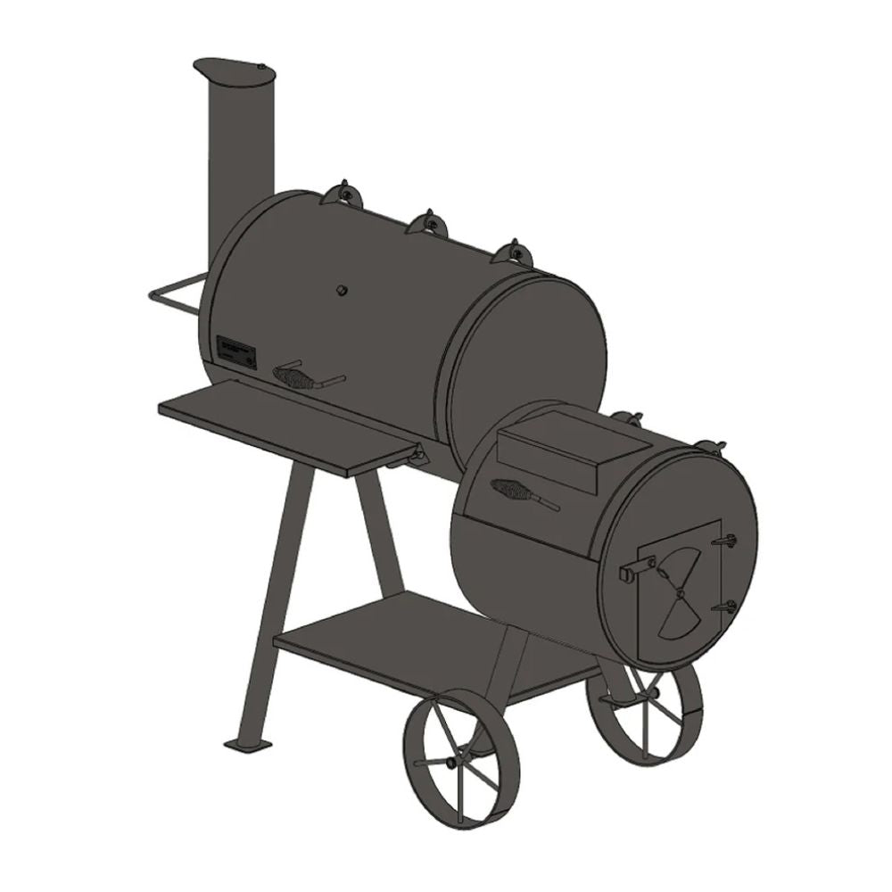Black diagram of a barrel-style barbecue smoker on a white background