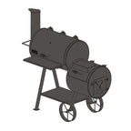 Black diagram of a barrel-style barbecue smoker on a white background