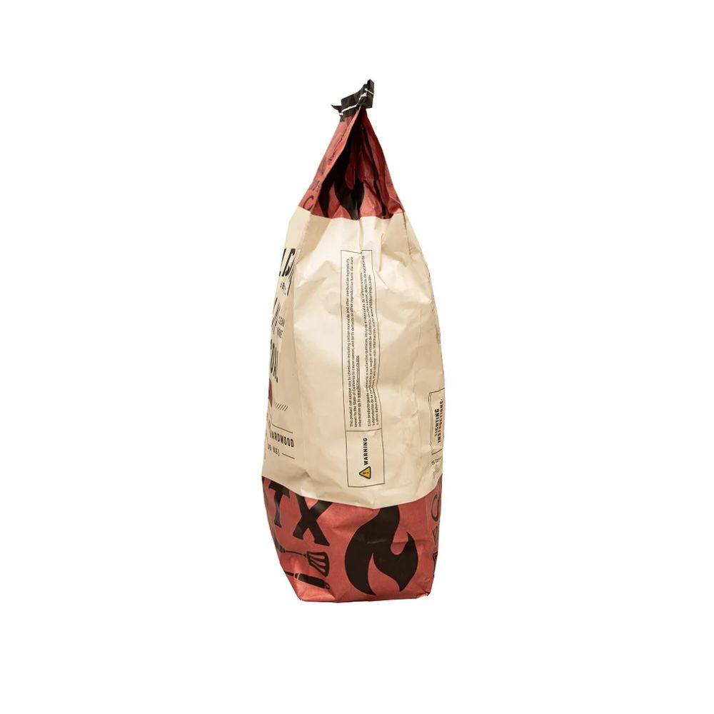 Beige and red bag with black text on a white background