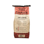 Bag of premium hardwood lump charcoal with text on a white background