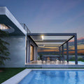 Modern outdoor patio with pool area during sunset