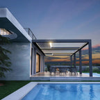 Modern outdoor patio with pool area during sunset