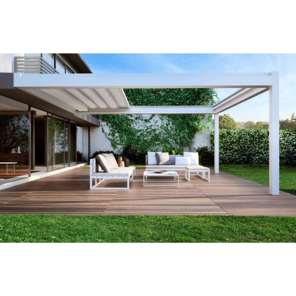 Outdoor patio with modern furniture and pergola