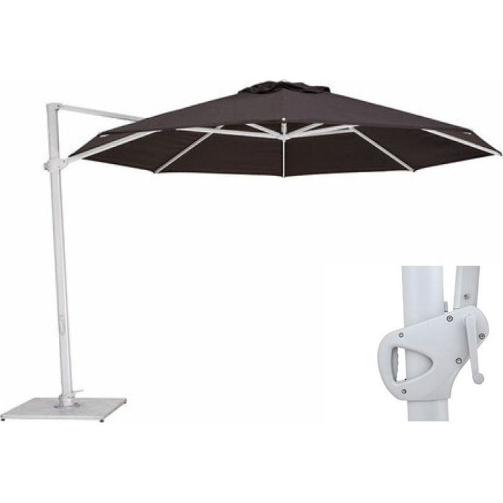 A dark brown cantilever patio umbrella with a white metal pole and base, shown alongside a close-up detail of its mounting bracket.