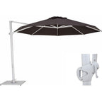 A dark brown cantilever patio umbrella with a white metal pole and base, shown alongside a close-up detail of its mounting bracket.