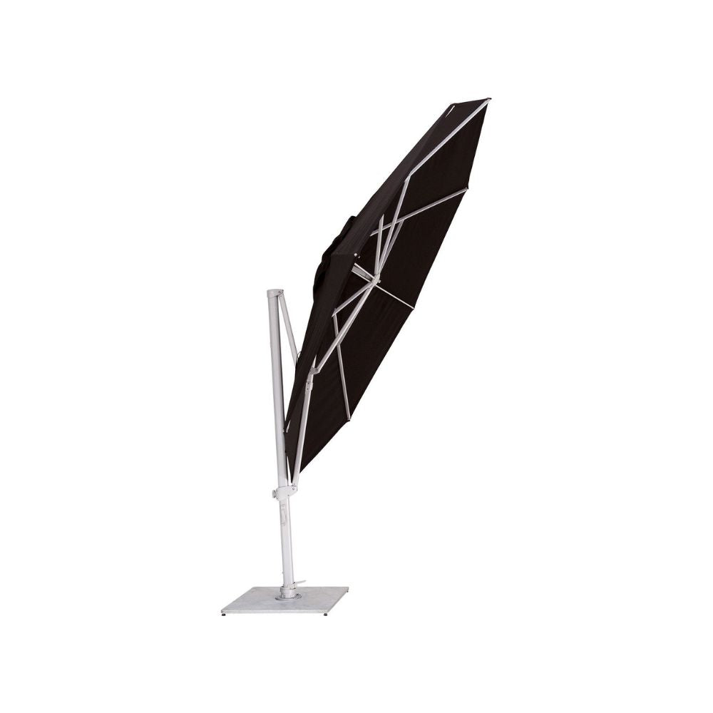 A black cantilever patio umbrella with a silver metal frame and base, shown partially open against a plain white background.