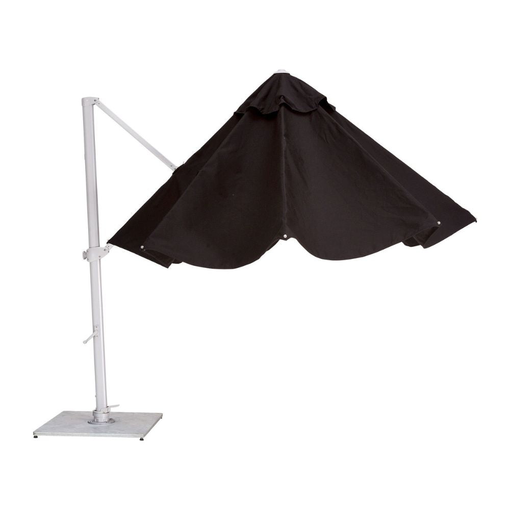 A black cantilever patio umbrella with a white metal pole and base, shown against a plain white background.