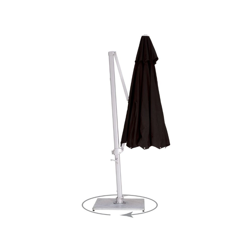 A closed black patio umbrella mounted on a white metal cantilever pole with a square base, shown on a plain white background.