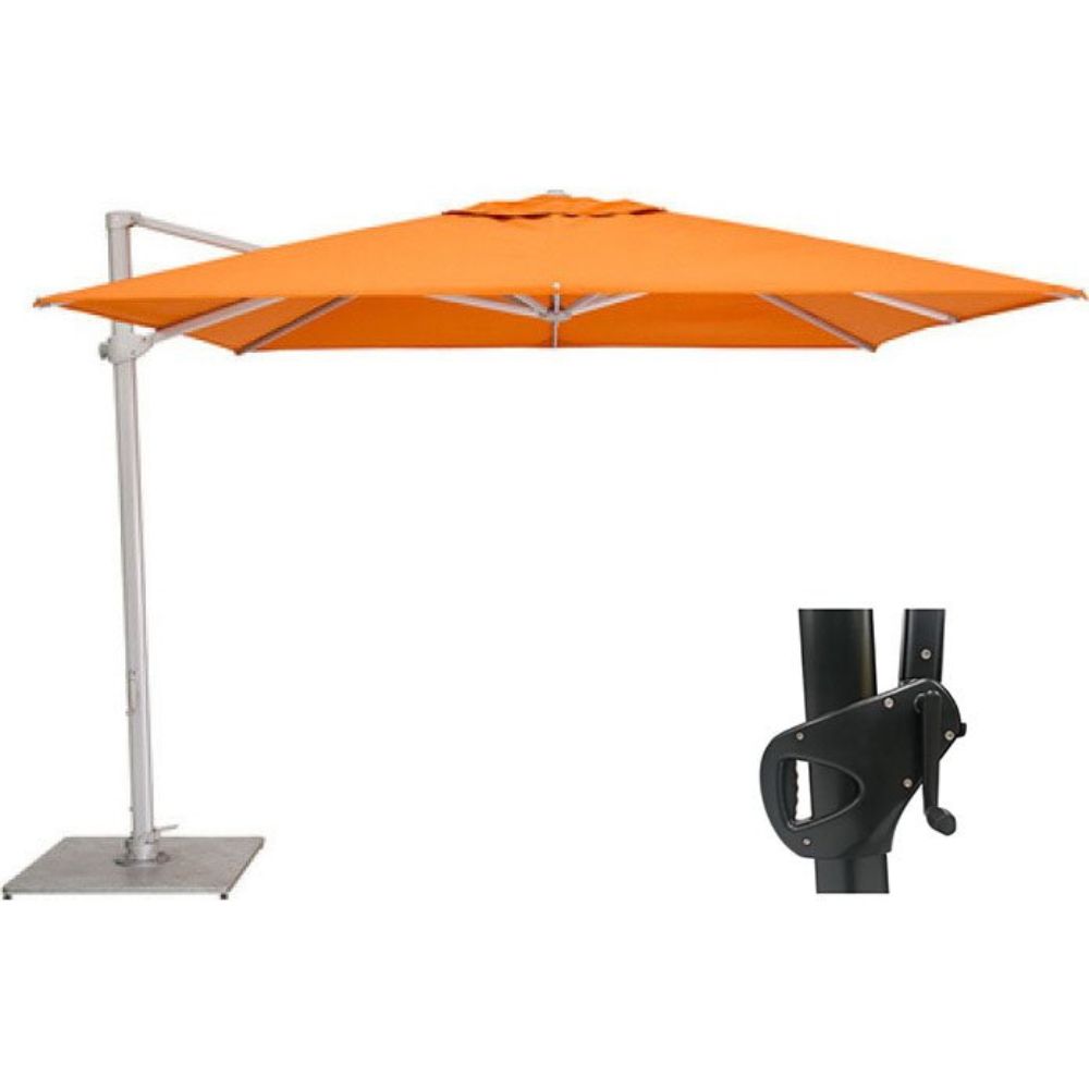 An orange cantilever patio umbrella with a silver metal pole and base, shown alongside a close-up inset of the black mounting bracket on a white background.
