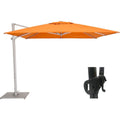 An orange cantilever patio umbrella with a silver metal pole and base, shown alongside a close-up inset of the black mounting bracket on a white background.