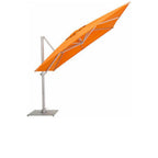 An orange cantilever patio umbrella with a silver metal pole and base, shown open against a plain white background.