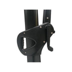 Close-up of a black metal pole clamp or support bracket with visible screws, shown against a plain white background.