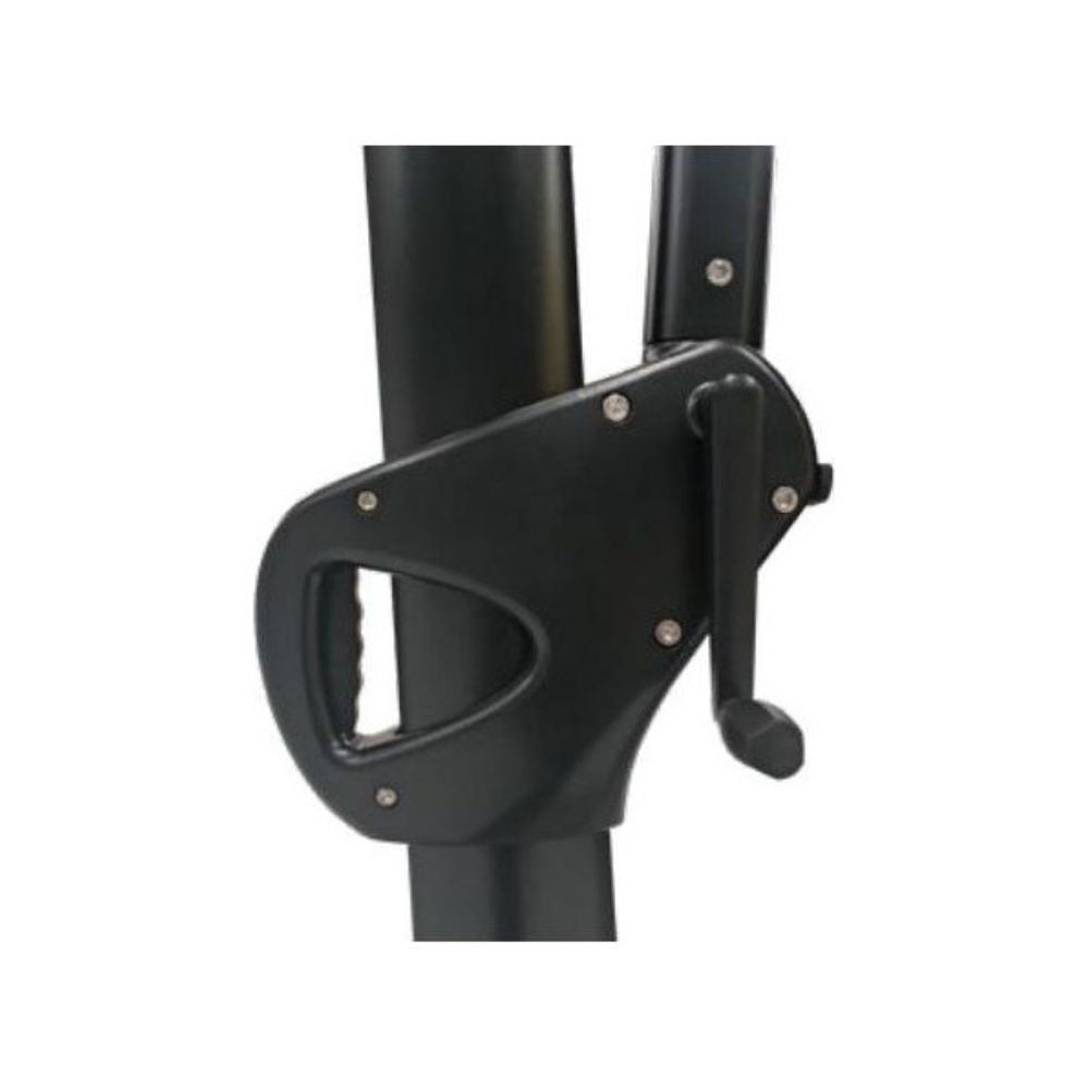 Close-up of a black metal pole clamp or support bracket with visible screws, shown against a plain white background.