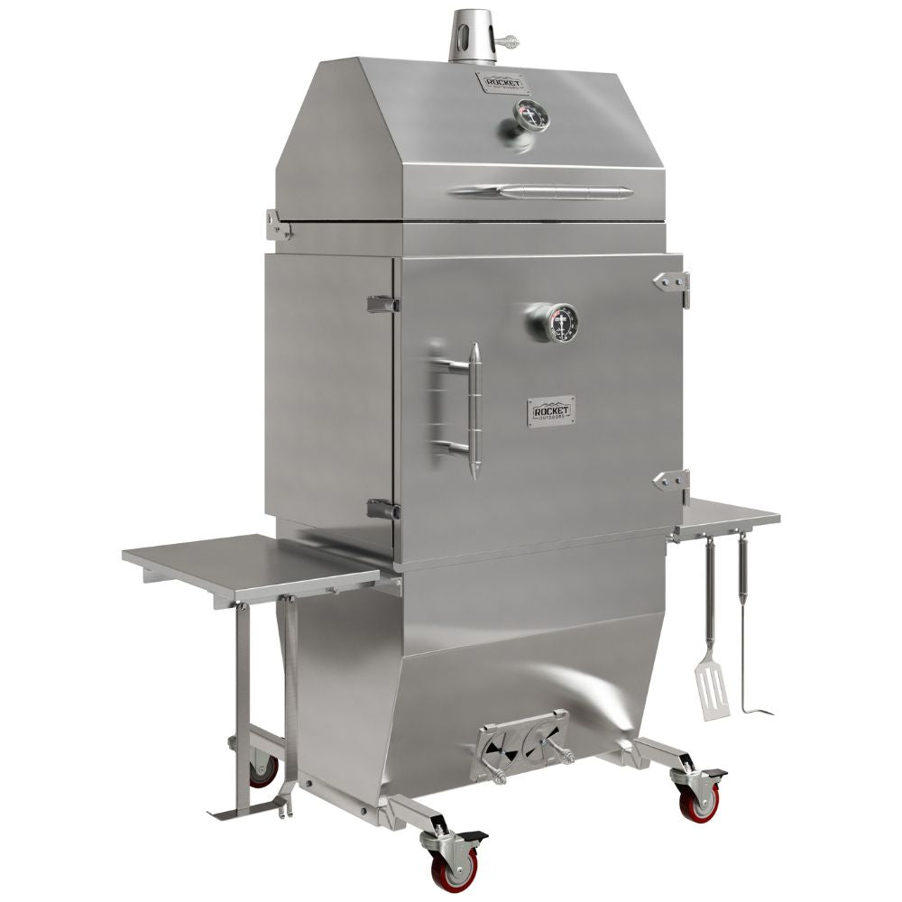 A stainless steel mobile smoker grill on wheels with side tables and utensils, photographed on a plain white background.