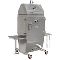 A stainless steel mobile smoker grill on wheels with side tables and utensils, photographed on a plain white background.