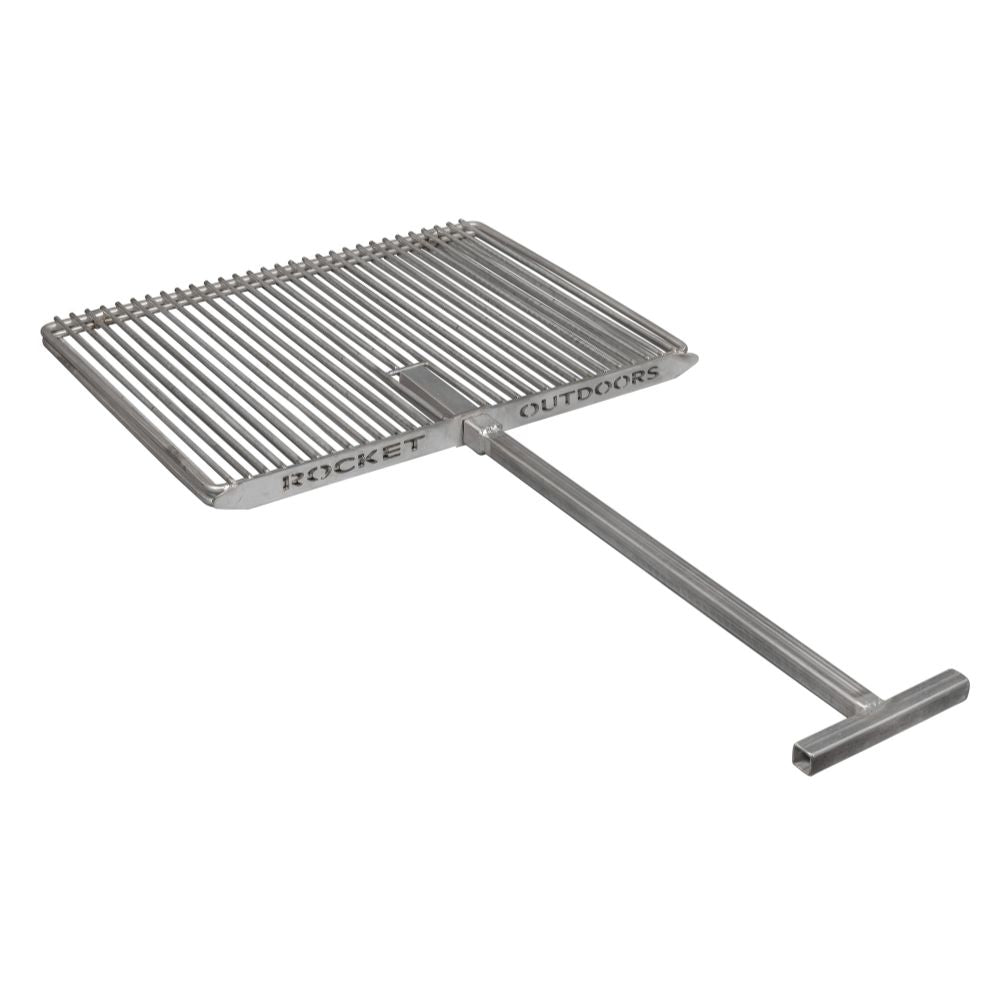 A stainless steel outdoor grill grate with a long T-handle, featuring the 'ROCKET OUTDOORS' logo on the side, shown against a plain white background.