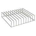 A stainless steel wire rack organizer with multiple parallel upright bars on a plain white background.