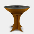 Wooden table with a dark circular top on a light gray background