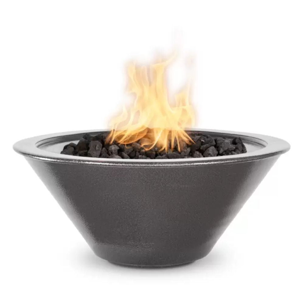 Black fire pit with flames on a white background