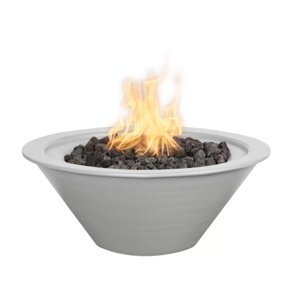 Gray fire pit with flames on a white background