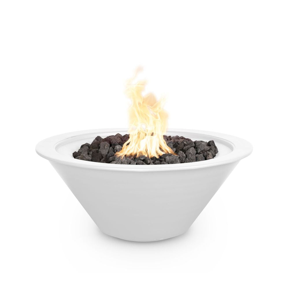 White fire pit bowl with flames and black stones on a white background