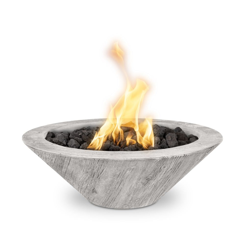 Concrete fire bowl with flames on a white background