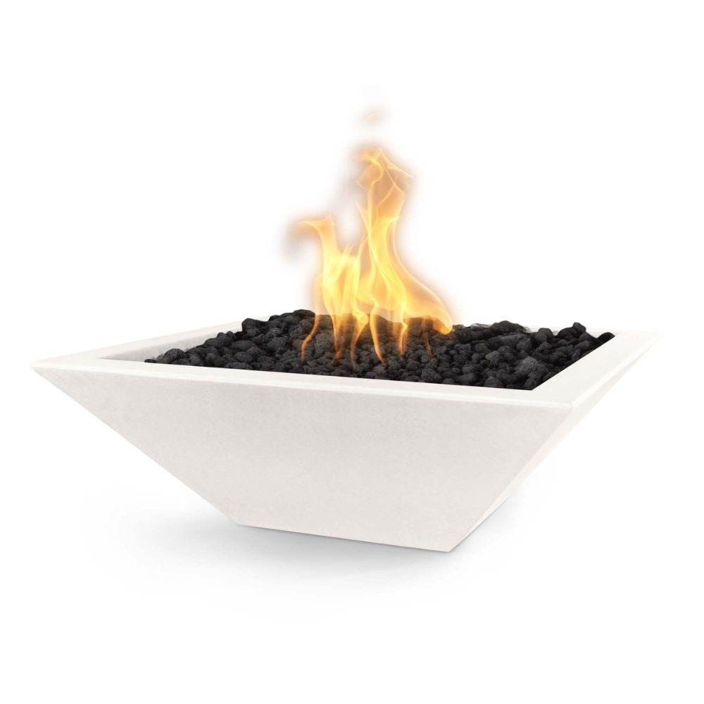 White fire pit bowl with flames on a white background