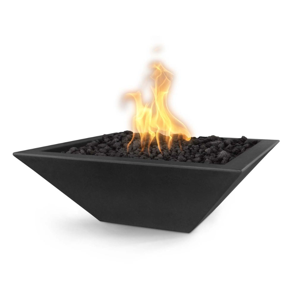 Black fire pit with flames on a white background
