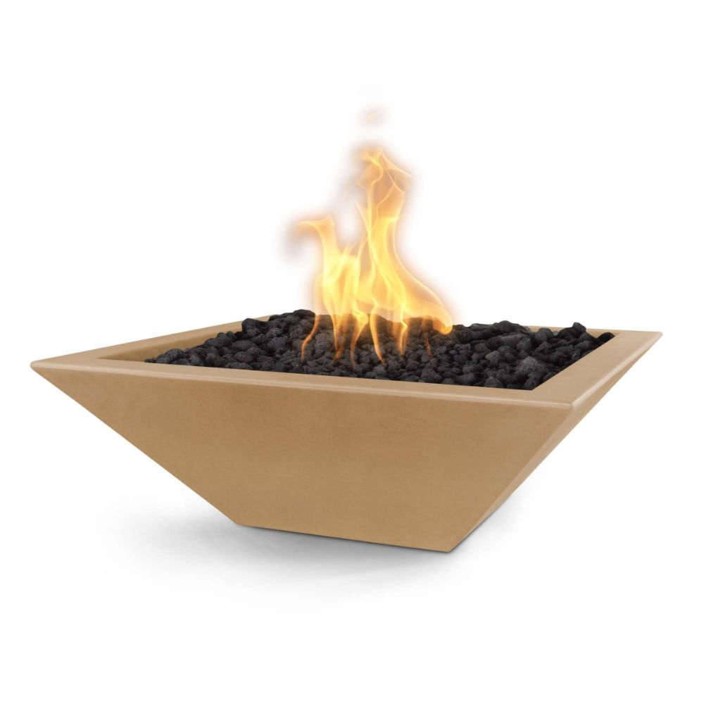 Beige fire pit with flames on a white background