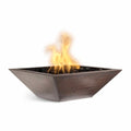 Square metal fire pit with flames on a white background