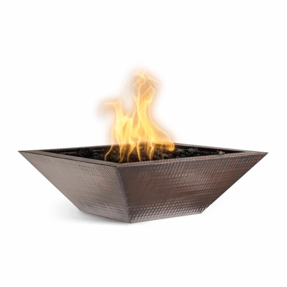 Square metal fire pit with flames on a white background