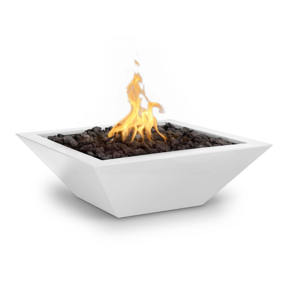 White fire pit with flames on a white background