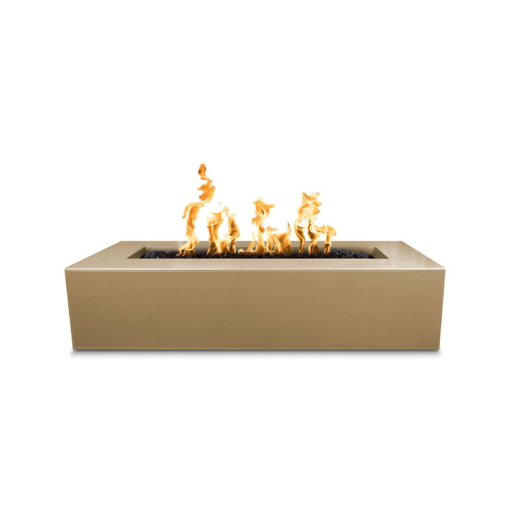 Beige rectangular fire pit with flames on a white background