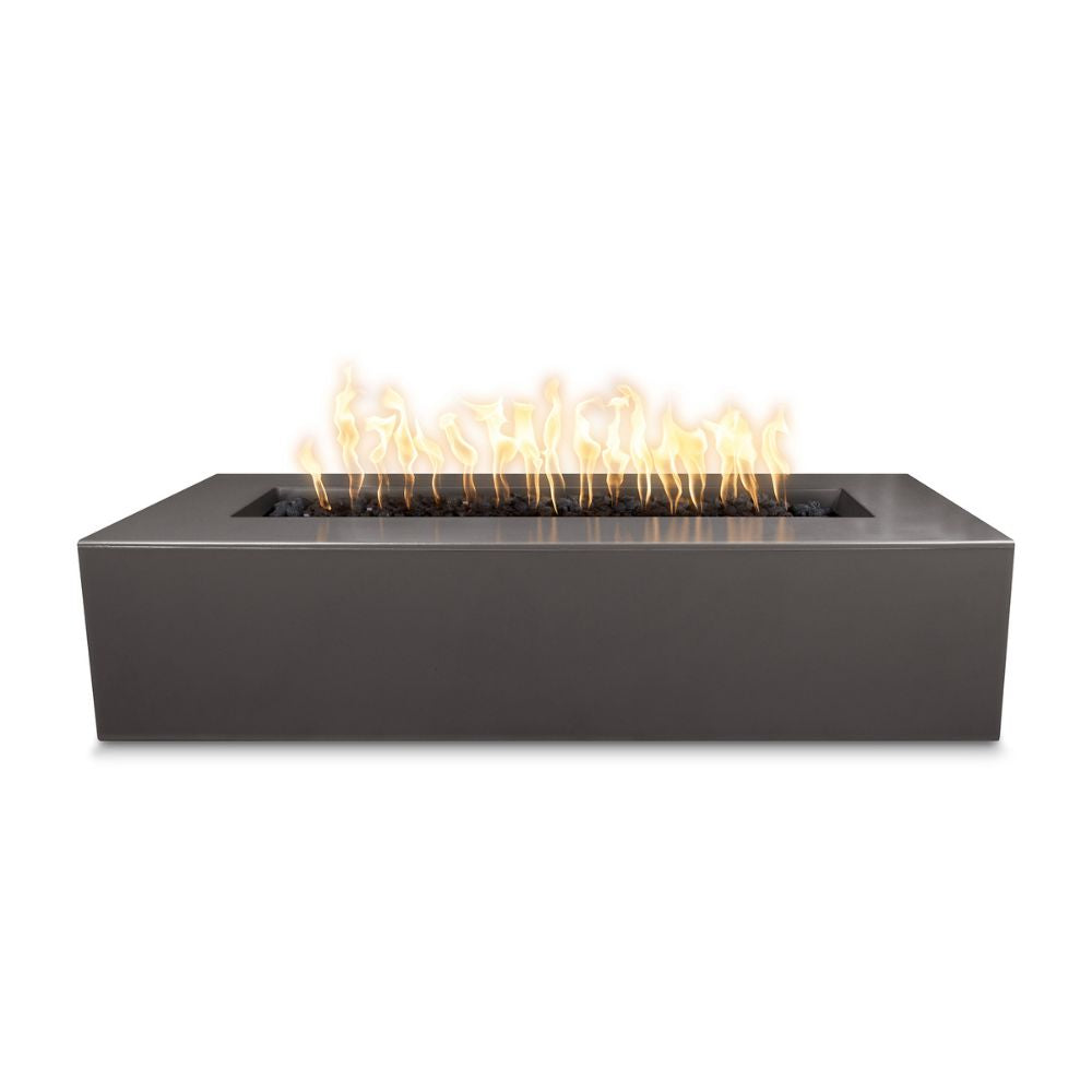 Modern rectangular fire pit with flames on a white background