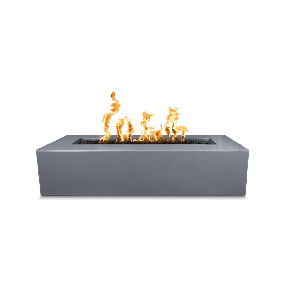 Modern rectangular fire pit with flames on a white background
