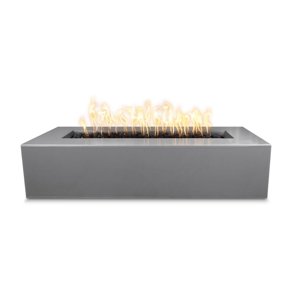 Modern rectangular fire pit with flames on a white background