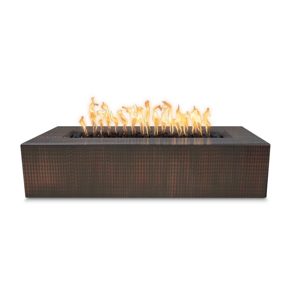 Rectangular fire pit with flames on a white background