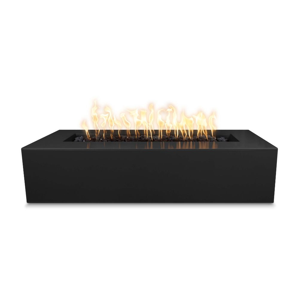Black rectangular fire pit with flames on a white background