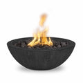 Black fire pit bowl with flames on a white background