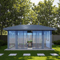 Modern garden shed with glass walls in a backyard setting