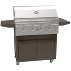 A VEVIT outdoor gas grill with a stainless steel lid and control panel mounted on a dark brown storage cart with side tables and caster wheels, shown against a plain white background.