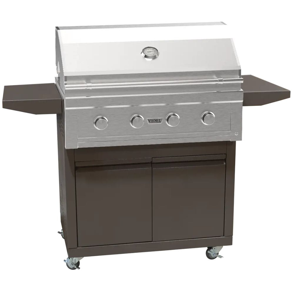 A VEVIT outdoor gas grill with a stainless steel lid and control panel mounted on a dark brown storage cart with side tables and caster wheels, shown against a plain white background.