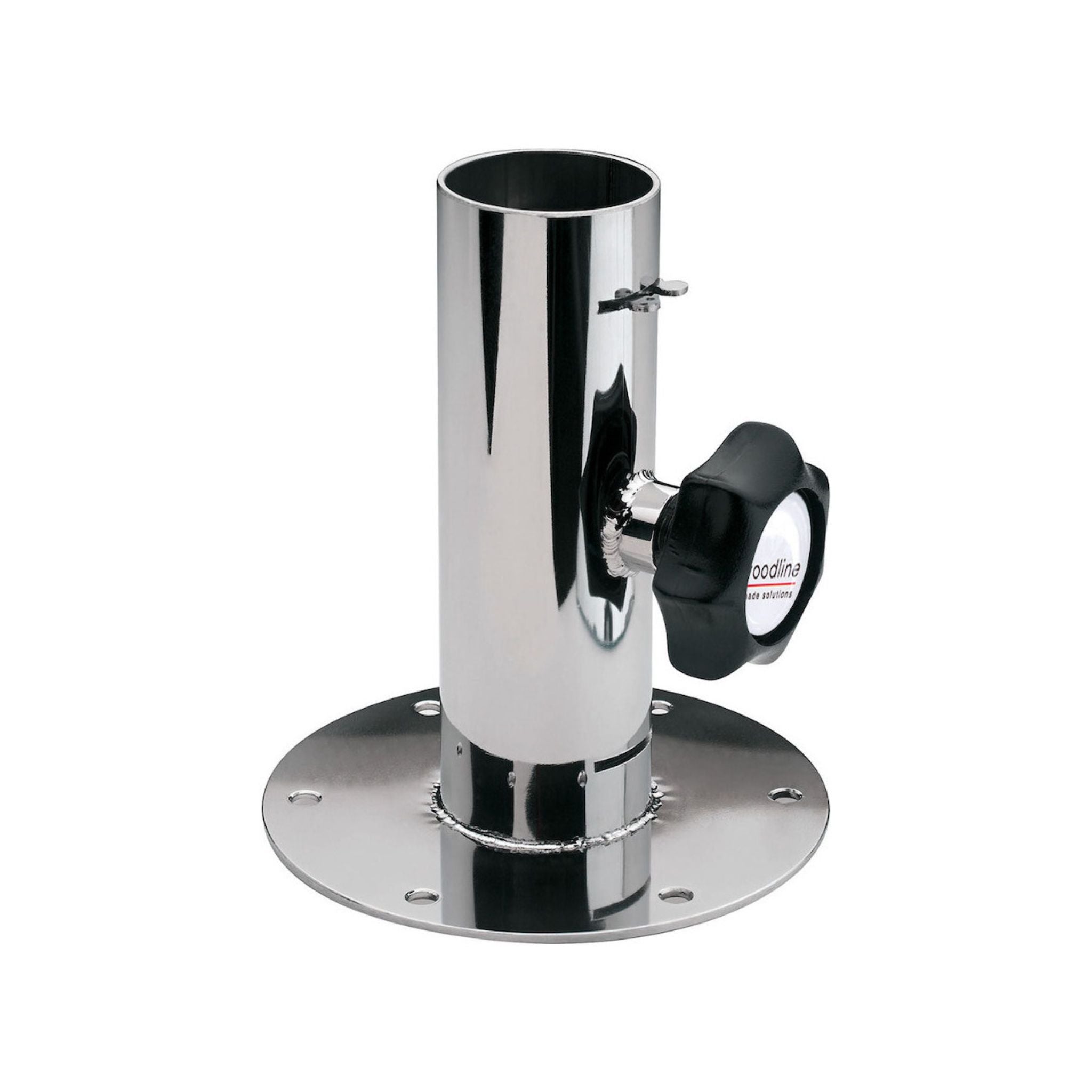 A polished chrome marine mounting bracket with a black adjustment knob, featuring the 'nodina' brand logo on the knob, set against a plain white background.