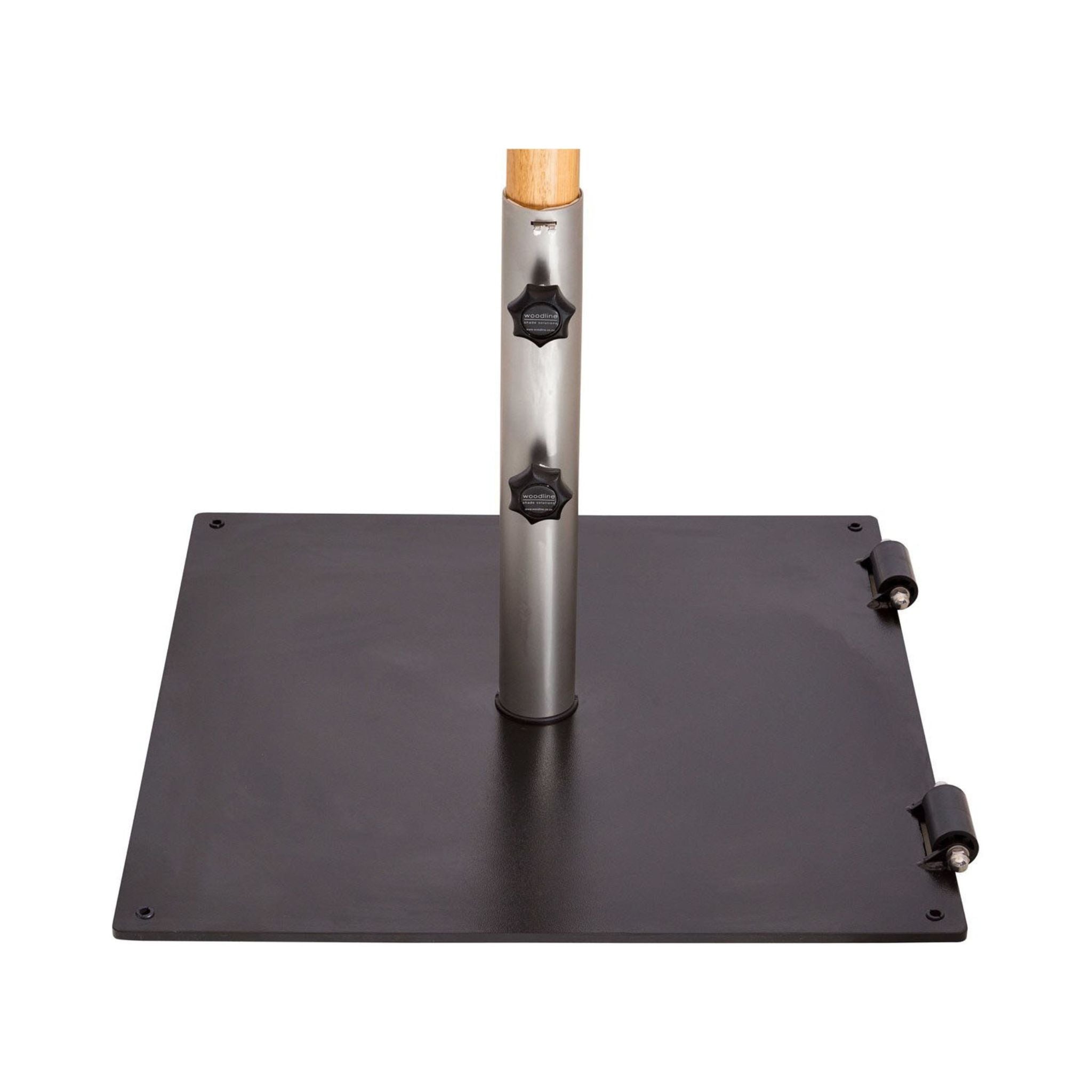 A metal patio umbrella stand with a square black base, a brushed silver pole, and a light wood top, shown on a white background.